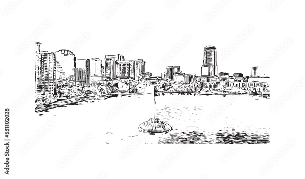 Obraz premium Building view with landmark of Orlando is the city in Florida. Hand drawn sketch illustration in vector.