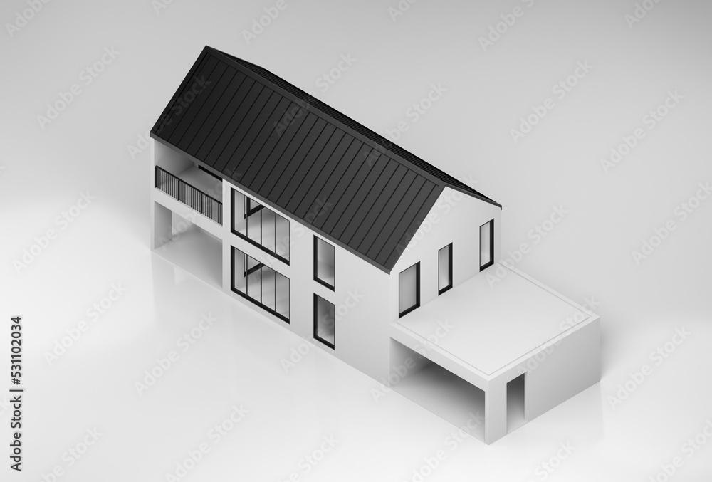 Simple house on white floor in isometric view. 3d rendering of exterior residential building. Simple house on white floor in isometric view. 3d rendering of exterior residential building.