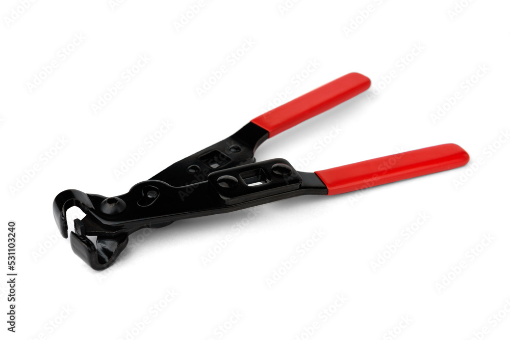 Red pliers for steel belt clamps isolated on white background. Red pliers for steel belt clamps isolated on white background.