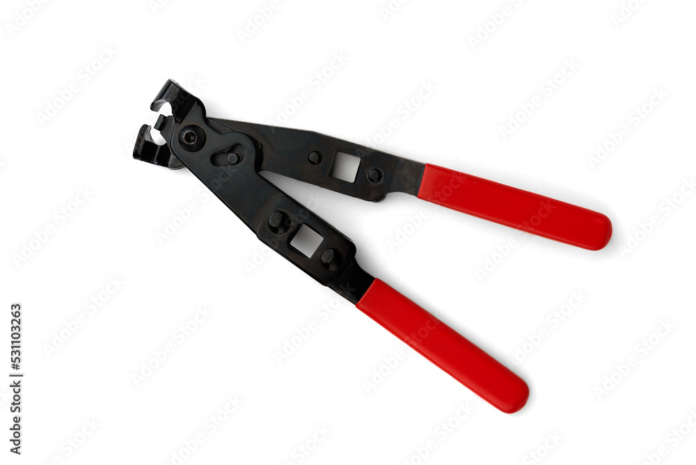 Red pliers for steel belt clamps isolated on white background. Red pliers for steel belt clamps isolated on white background.