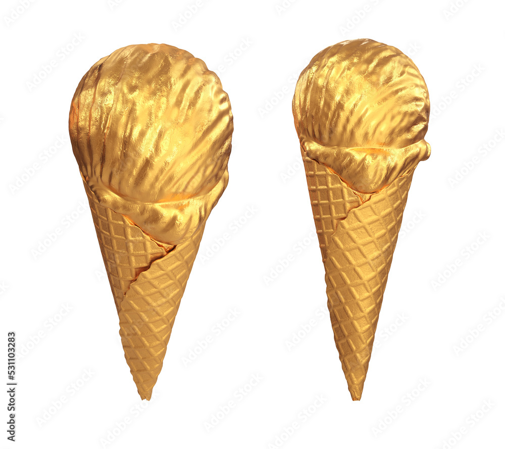 Golden ice cream in a golden waffle cone set of two types, 3d render Golden ice cream in a golden waffle cone set of two types, 3d render
