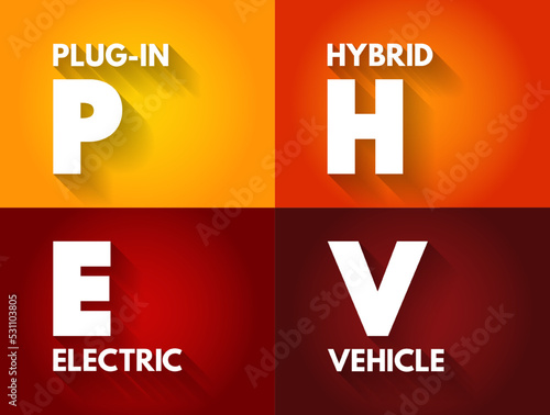 PHEV Plug-in Hybrid Electric Vehicle - hybrid electric vehicle whose battery pack can be recharged by plugging a charging cable into an external electric power source, acronym concept background