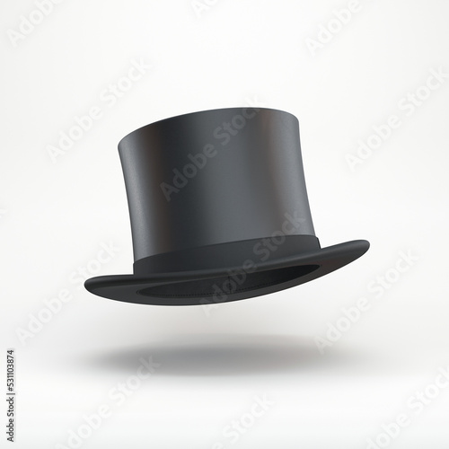 Black top hat with black ribbon floating on a gray background, 3d render
