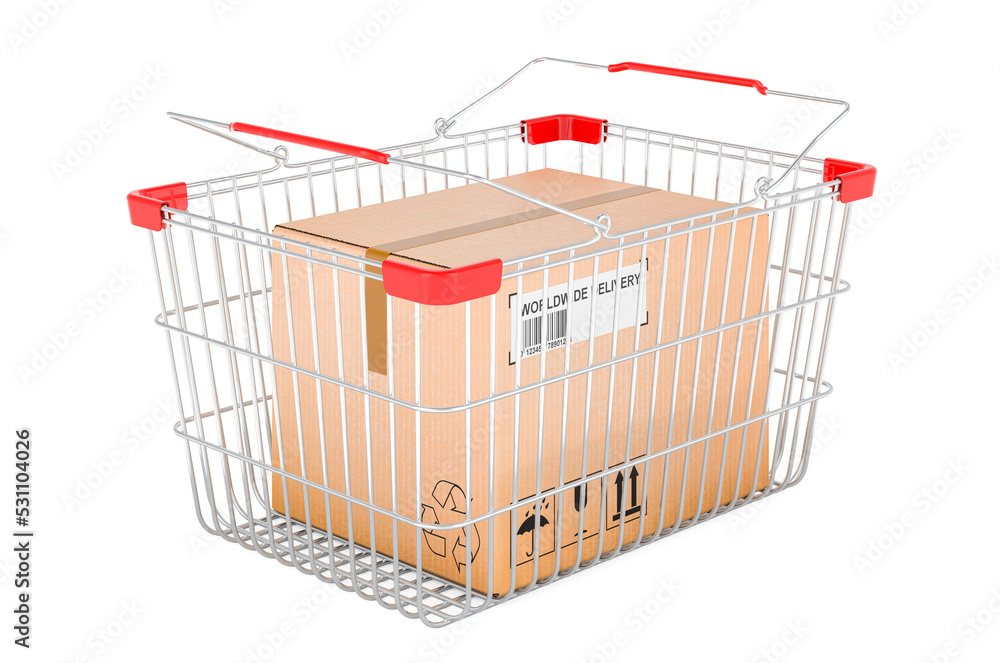 Shopping basket with parcel, order and delivery concept. 3D rendering
