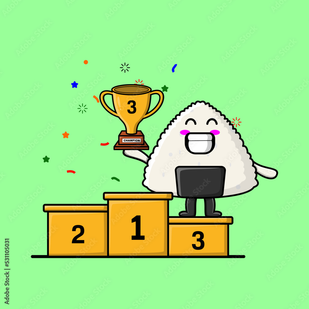 Fototapeta premium Cute Cartoon character illustration of Rice japanese sushi is holding up the golden trophy