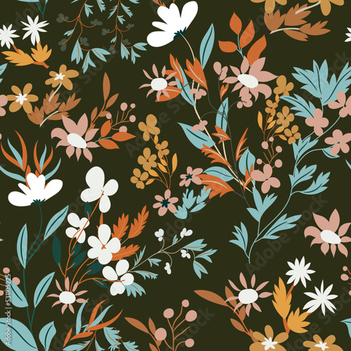 Seamless floral pattern with abstract flowers  leaves on a dark black-brown background. Autumn botanical motifs print in orange-green  warm  color palette. Modern vintage vector design 