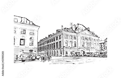 Building view with landmark of Orleans is the city in France. Hand drawn sketch illustration in vector.