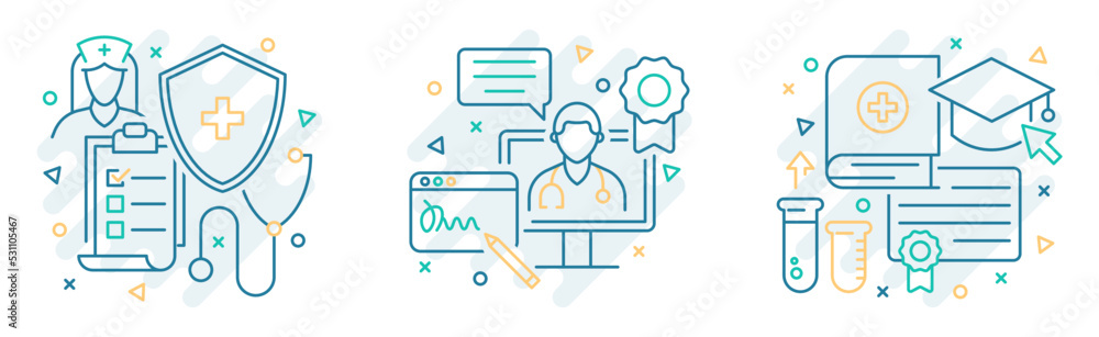 Set of 3 medical health icon illustrations with editable stroke line. Education and digital doctor check Vector isolated concept Set of 3 medical health icon illustrations with editable stroke line. Education and digital doctor check Vector isolated concept