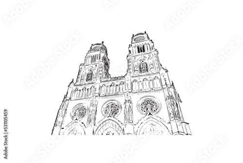 Building view with landmark of Orleans is the 
city in France. Hand drawn sketch illustration in vector.