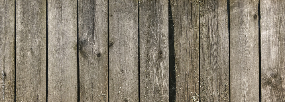 Naklejka premium Wooden texture with horizontal lines. The texture of wood with knots and holes. The background of a wooden fence damaged by time. Banner of an old wooden fence.