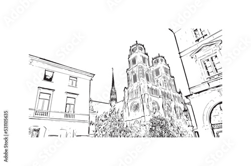 Building view with landmark of Orleans is the city in France. Hand drawn sketch illustration in vector.