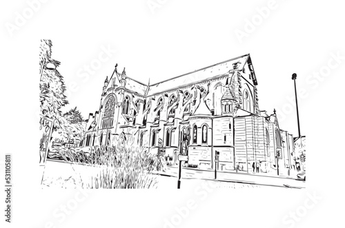 Building view with landmark of Orleans is the 
city in France. Hand drawn sketch illustration in vector.
