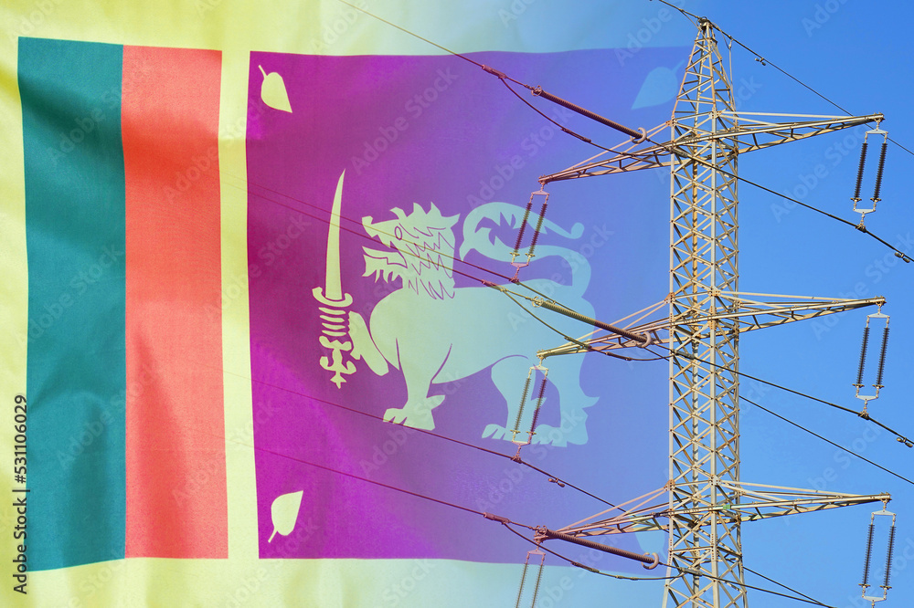 Sri Lanka flag on electric pole background. Power shortage and increased energy consumption in Sri Lanka. Energy development and energy crisis in Sri Lanka Sri Lanka flag on electric pole background. Power shortage and increased energy consumption in Sri Lanka. Energy development and energy crisis in Sri Lanka