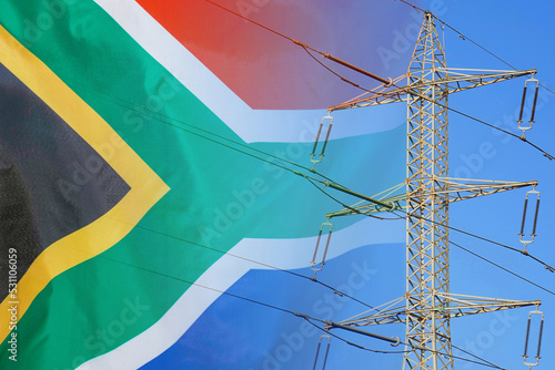 South Africa flag on electric pole background. Power shortage and increased energy consumption in South Africa. Energy development and energy crisis in South Africa