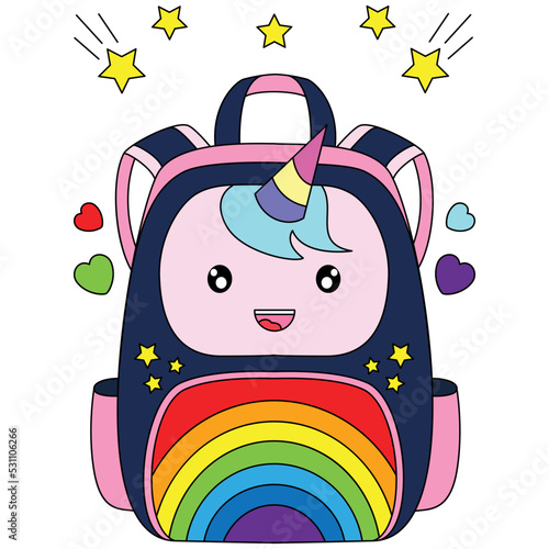 Rainbow unicorn school bag backpacks with star ornaments coloring vector illustration