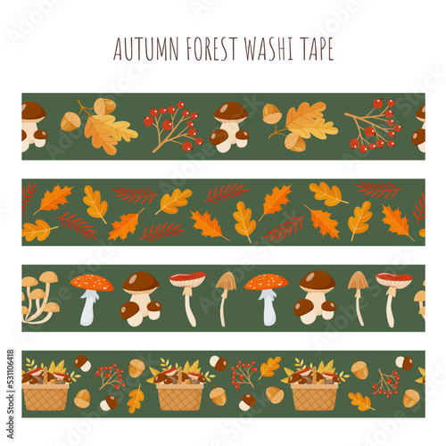 Autumn forest washi tape set with mushrooms, leaves and berries. Cute seamless vector borders with cartoon style forest elements