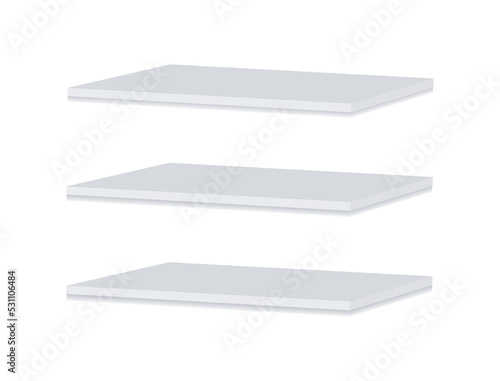 White empty shelves mockup. Vector realistic template. Three racks for store or interior design. EPS 10. 