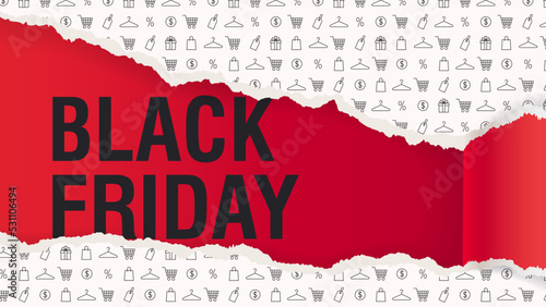 Black friday sale banner with torn paper decorated with shopping theme icons. Vector design template for sale.