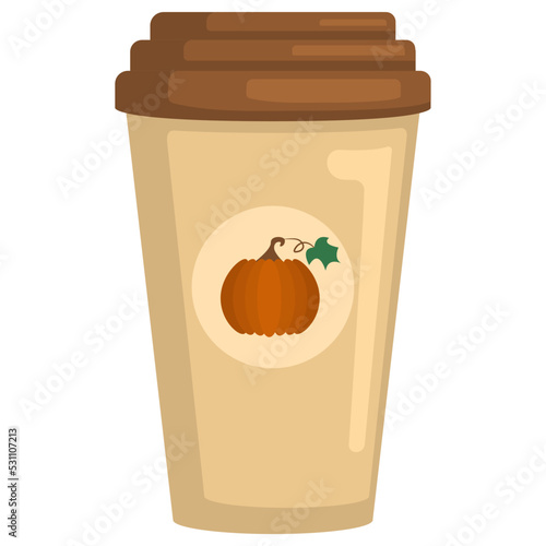 Pumpkin spice latte. Autumn coffee beverage. Paper cup with plastic lid to go. Vector illustration for cafe menu and banners