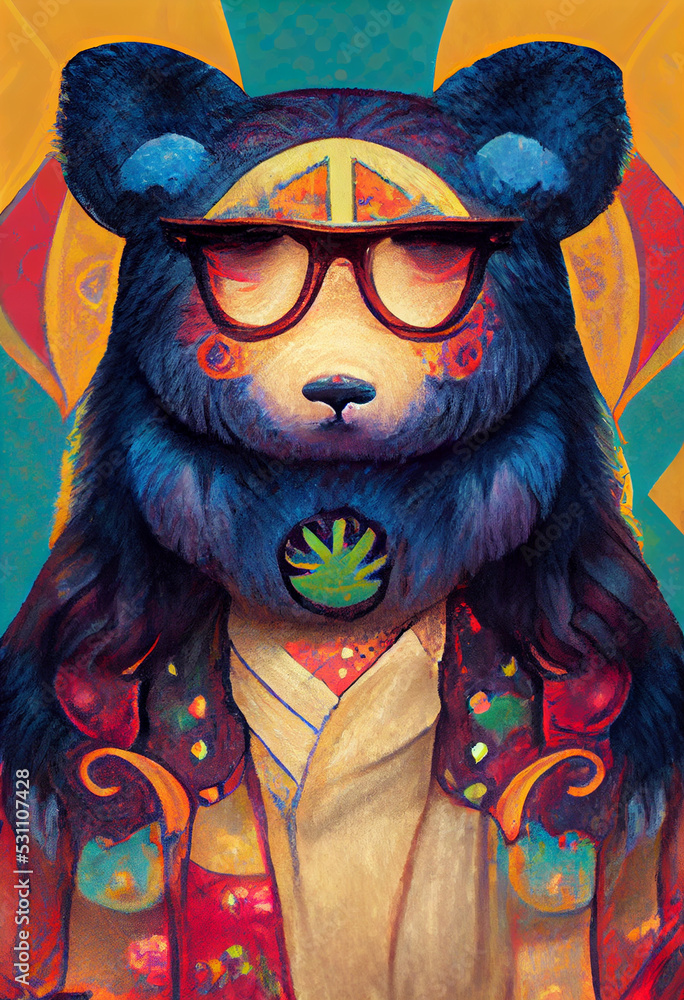 Digital art of a colorful abstract hippie bear with glasses.