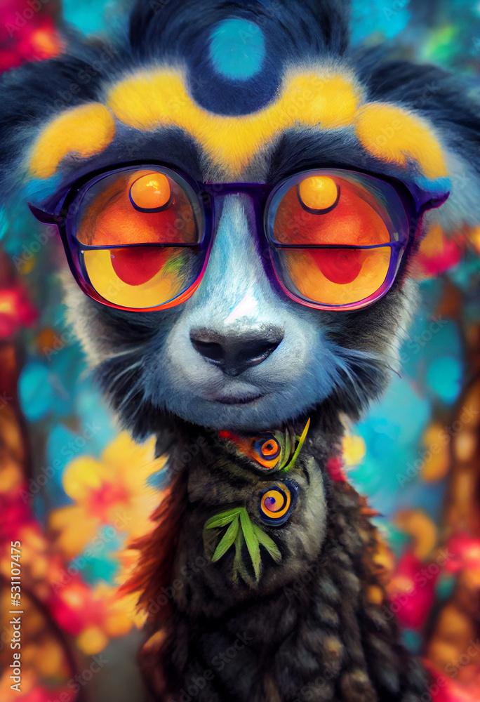 Digital art of a colorful abstract hippie lemur with glasses. Digital art of a colorful abstract hippie lemur with glasses.
