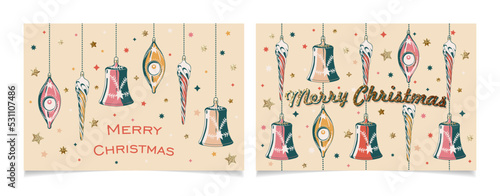Merry Christmas greeting cards with vintage Christmas tree decorations. Illustration in retro style design with golden glitter lettering. Party invitations. Xmas postcards with tree toys.