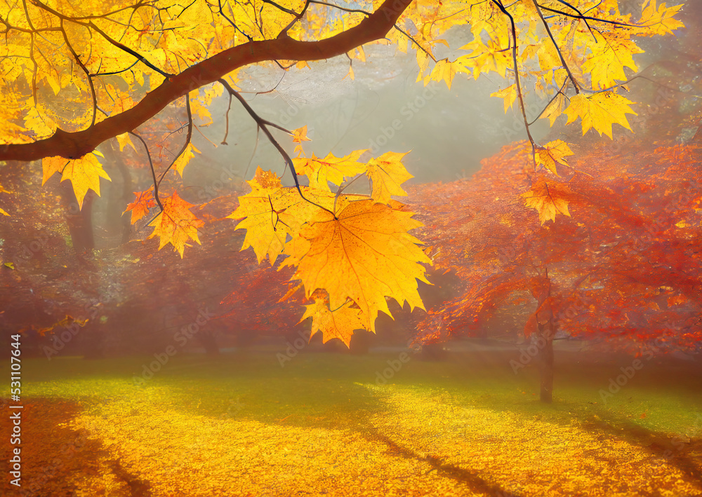 Maple tree branch with yellow autumn leaves, fall in a park, sunny day. Generative AI illustration