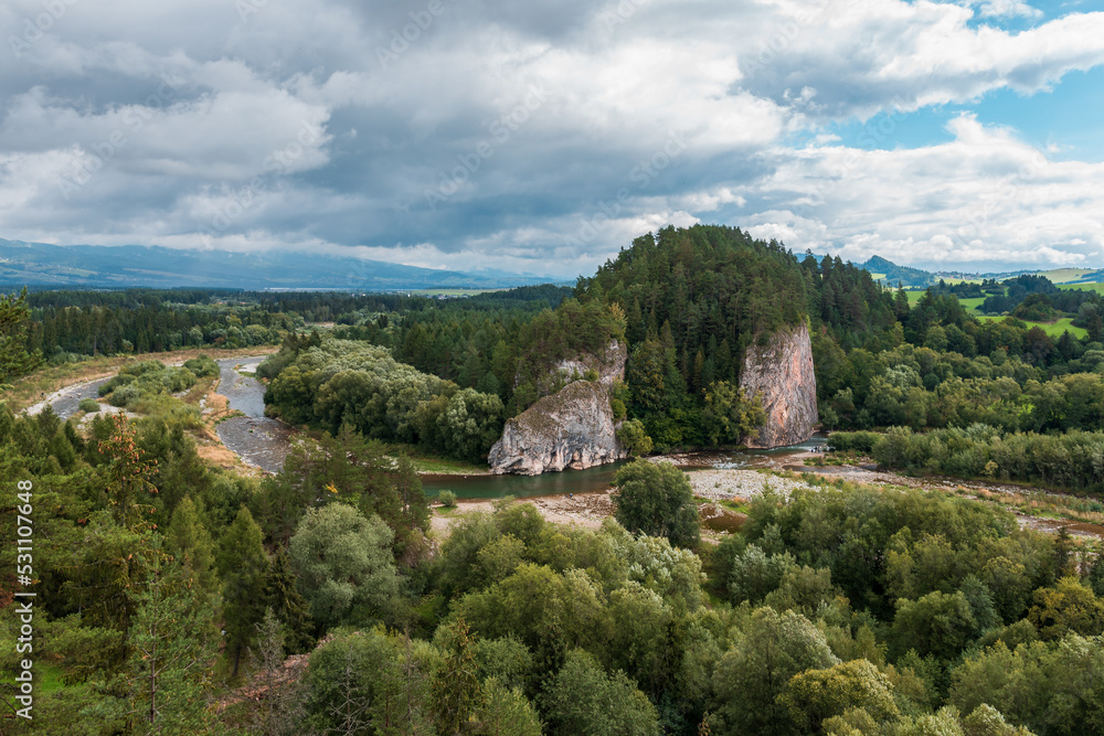 The gorge of the Białka River. View of a beautiful rock, river and forests. Białka Tatrzańska, Poland