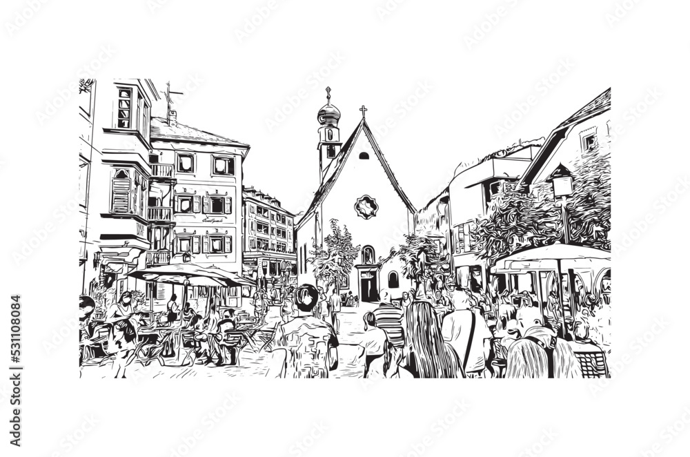 Building view with landmark of Urtijei is the 
town in Italy. Hand drawn sketch illustration in vector.