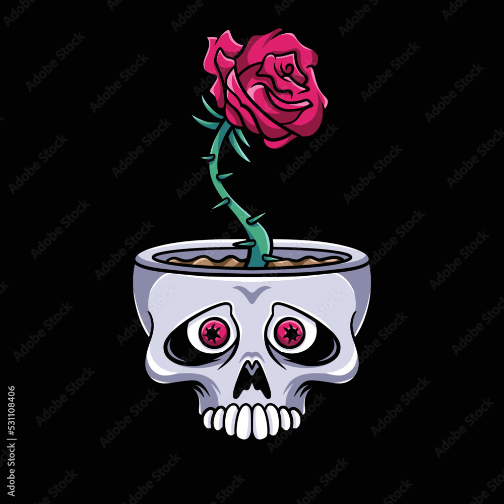 Vettoriale Stock Skull Rose Flowers Streetwear Cartoon | Adobe Stock