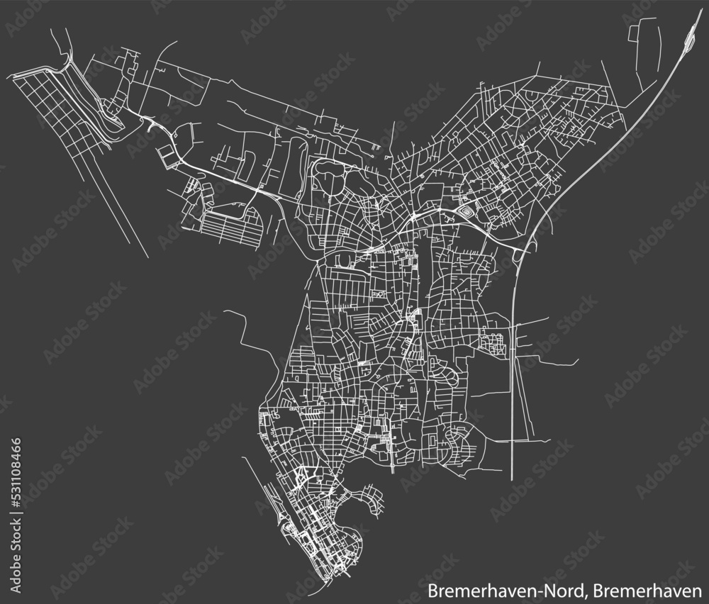 Obraz premium Detailed negative navigation white lines urban street roads map of the BREMERHAVEN-NORD MUNICIPALITY of the German regional capital city of Bremerhaven, Germany on dark gray background