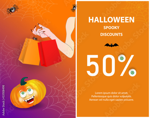Halloween Gift promotion Coupon banner or party invitation, fifty percent off discount, sale. Orange smiling pumpkin face anf witch hand holding shopping bags on background with spiders