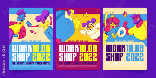 Business workshop posters with people in contemporary art style. Vector flyers of education public event, conference, team meeting or training for office workers