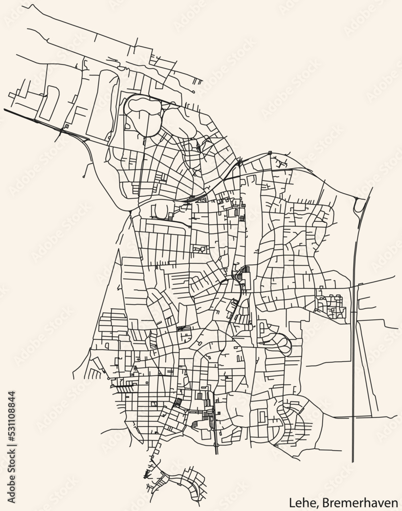 Fototapeta premium Detailed navigation black lines urban street roads map of the LEHE DISTRICT of the German regional capital city of Bremerhaven, Germany on vintage beige background