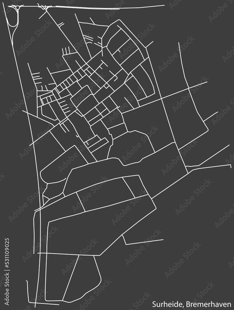 Detailed negative navigation white lines urban street roads map of the SURHEIDE DISTRICT of the German regional capital city of Bremerhaven, Germany on dark gray background