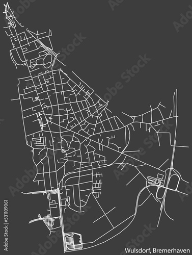 Detailed negative navigation white lines urban street roads map of the WULSDORF DISTRICT of the German regional capital city of Bremerhaven, Germany on dark gray background