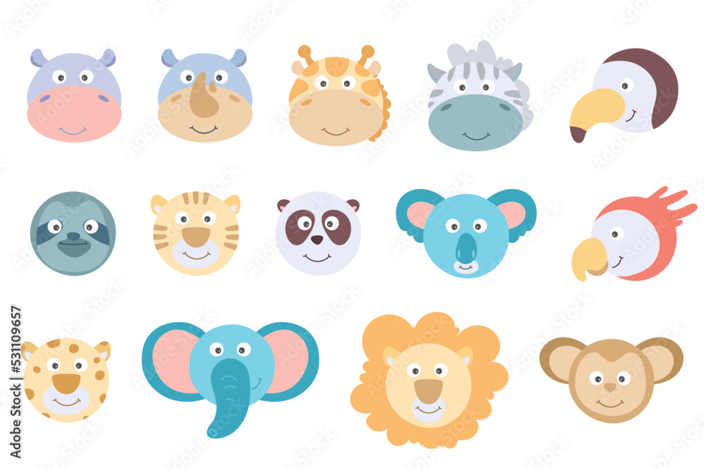 Cute animal faces set. Hand drawn characters. lion, giraffe, elephant, turtle, zebra, parrot, hippo, monkey, sloth, rhino, panda, tiger, panda, toucan. heads wild animal