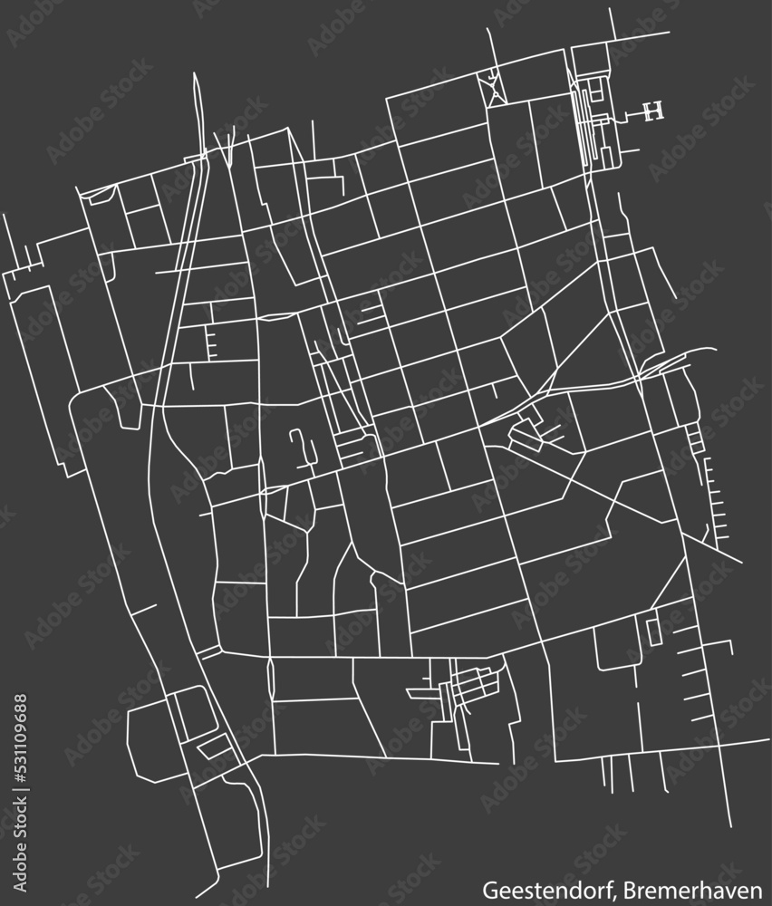Detailed negative navigation white lines urban street roads map of the GEESTENDORF QUARTER of the German regional capital city of Bremerhaven, Germany on dark gray background