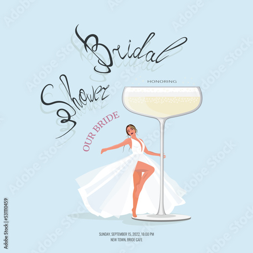 Bridal shower honoring bride. Woman with a glass of champagne. Invitation