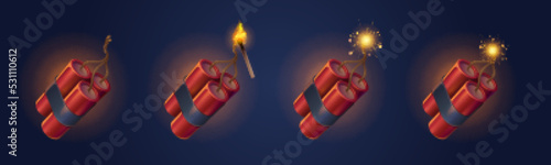 Dynamite sticks with burning fuse and match. Explosive military or mining tnt weapon or firecrackers with sparkling wick. Dangerous equipment with detonator for destroying Realistic 3d vector set