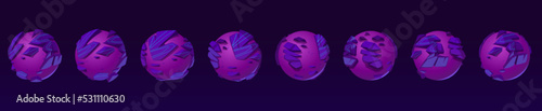 Fotografi Purple planet turnaround animation, violet globe with rocky surface rotation sprite sheet, sequence frame of turning and moving around of orbit