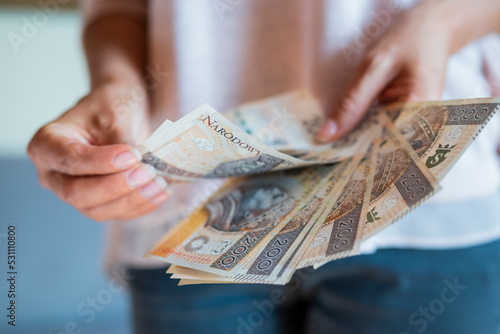 Tableau sur toile the girl holds in her hands banknotes money polish zlotys and pennies coins sala