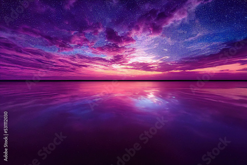 Fototapete sunset at the beach with beautiful clouds in pink and red with reflections on th