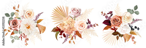 Rust orange, beige, white rose, burgundy anthurium flower, pampas grass, fern, dried palm leaves vector design bouquets