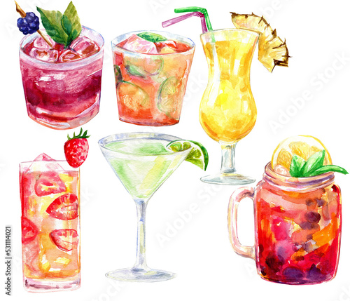 Watercolor cocktail collection, transparent background, 600 dpi PNG images, summer party, alcohol drink, refreshment, drink menu, featured drink , wedding menu, gills party graphic elements 