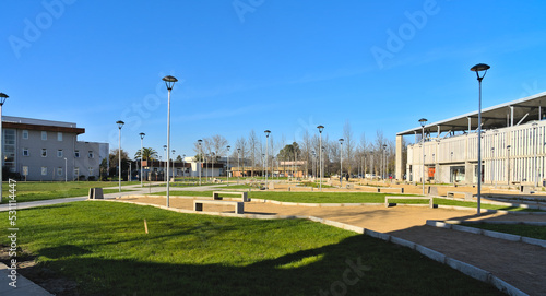 View of Modern buildings on the Campus of public University of Talca, Chile during sunny spring afternoon