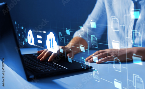 Digital system for transferring documents. FTP(File Transfer Protocol) files receiver and computer backup copy. File sharing isometric. Exchange information and data with internet cloud technology.