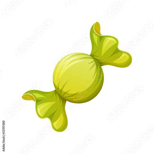Round candy in a bright green wrapper. Sweet for kids and adults. Cartoon vector illustration.