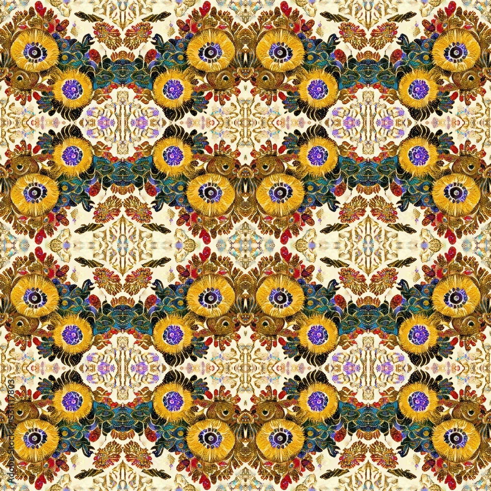 Fototapeta premium Tribal Pattern, Ornamental Wallpaper, Embroidery, Fantasy Home Decoration, Bohemian Style Ornaments, Botanical Illustrations, Handcrafts, Textiles, Interior and Exterior Surface, Ceramics Tiles