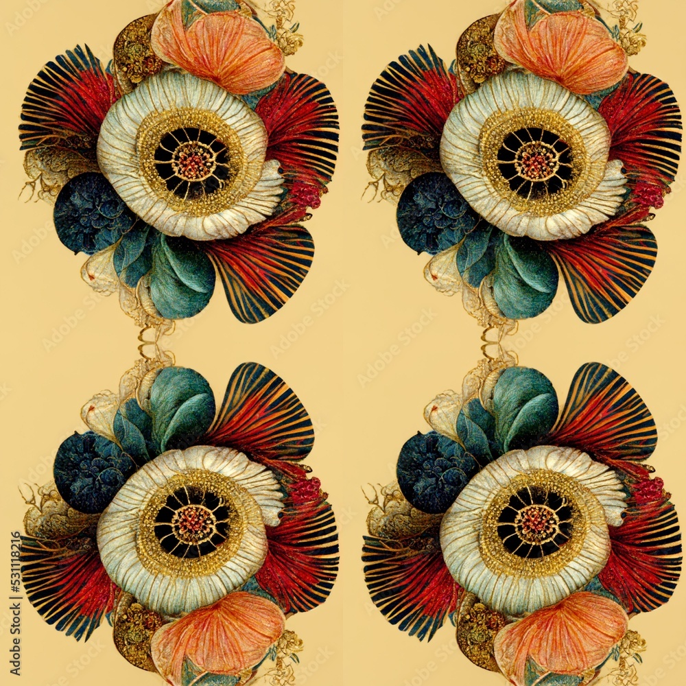 Naklejka premium Tribal Pattern, Ornamental Wallpaper, Embroidery, Fantasy Home Decoration, Bohemian Style Ornaments, Botanical Illustrations, Handcrafts, Textiles, Interior and Exterior Surface, Ceramics Tiles